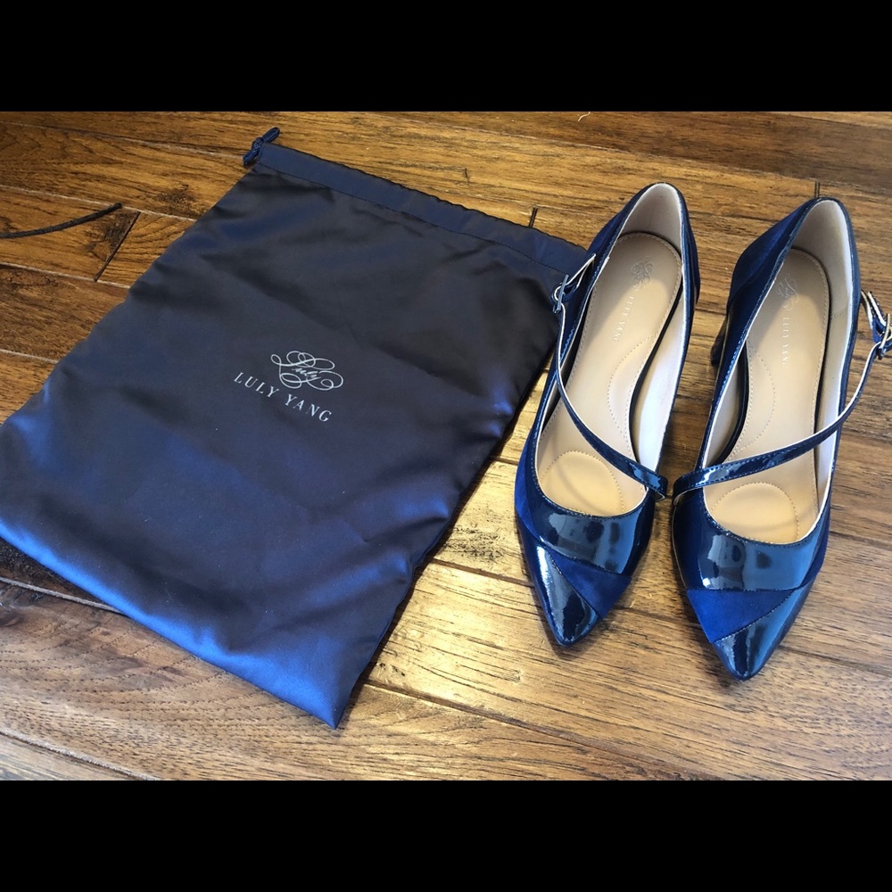 Luly Yang Navy Blue Leather/Suede High heels
